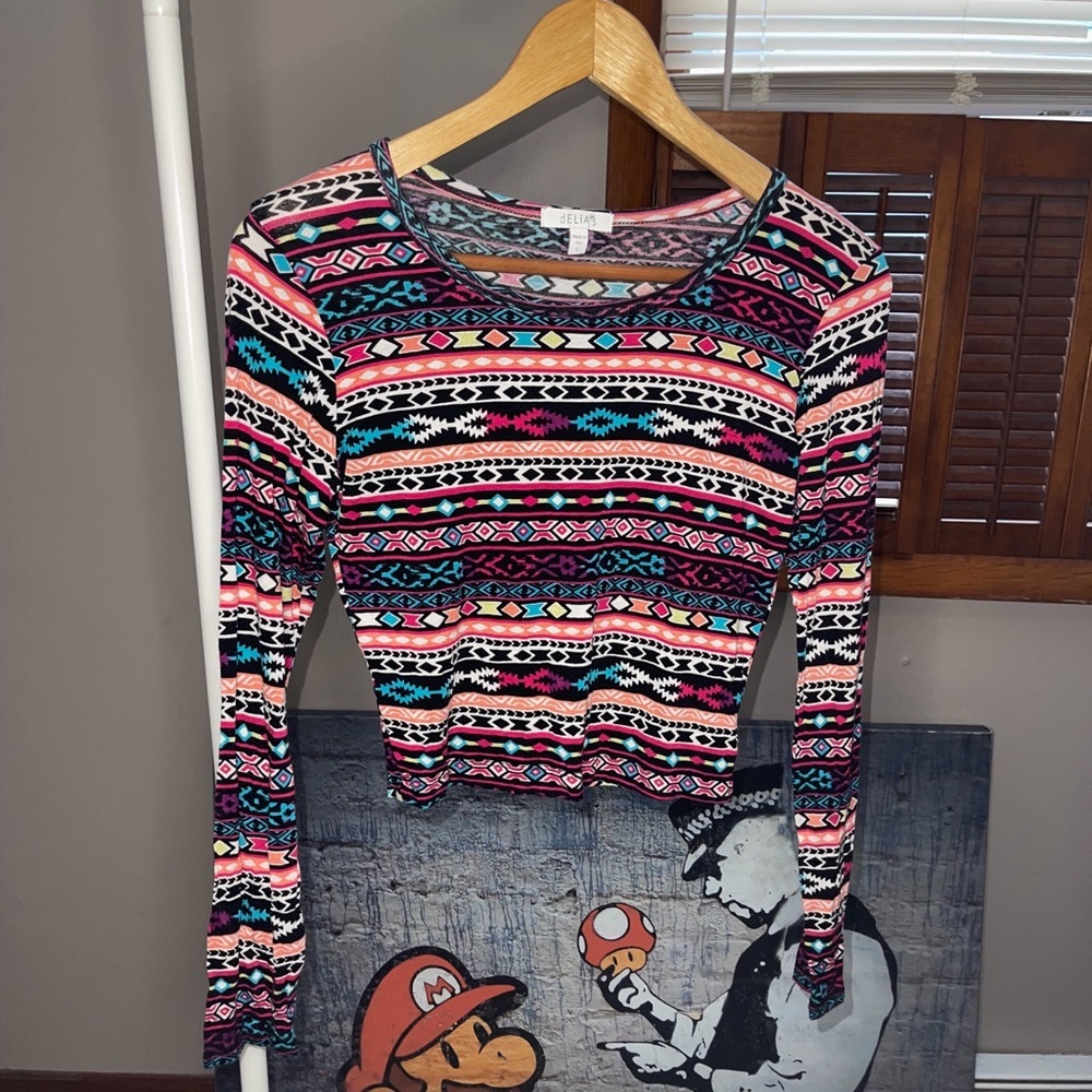 dELiA*s Tribal Long-Sleeve Crop Top